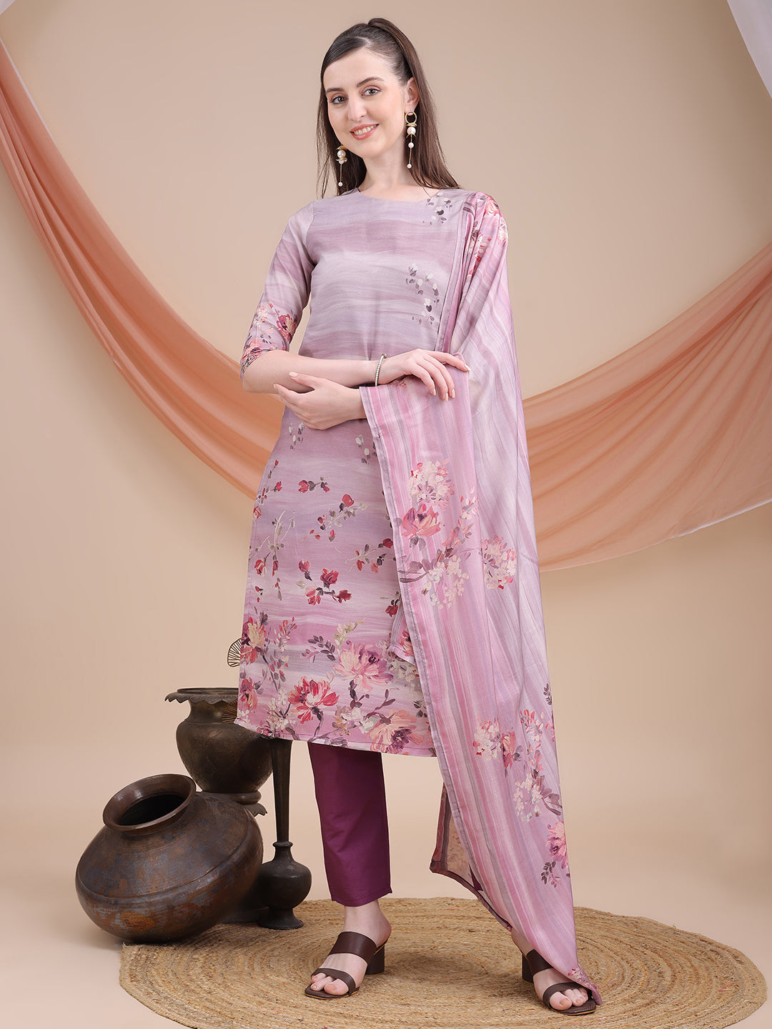 Purple Printed Muslin Kurta Set with Dupatta | Sitaram Designer Ethnic Wear for Women