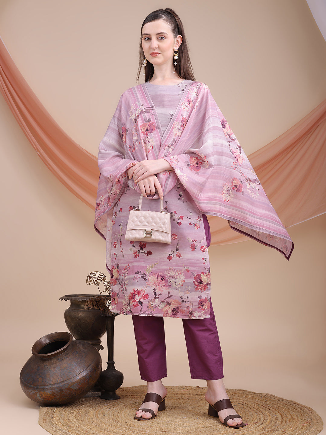 Purple Printed Muslin Kurta Set with Dupatta | Sitaram Designer Ethnic Wear for Women