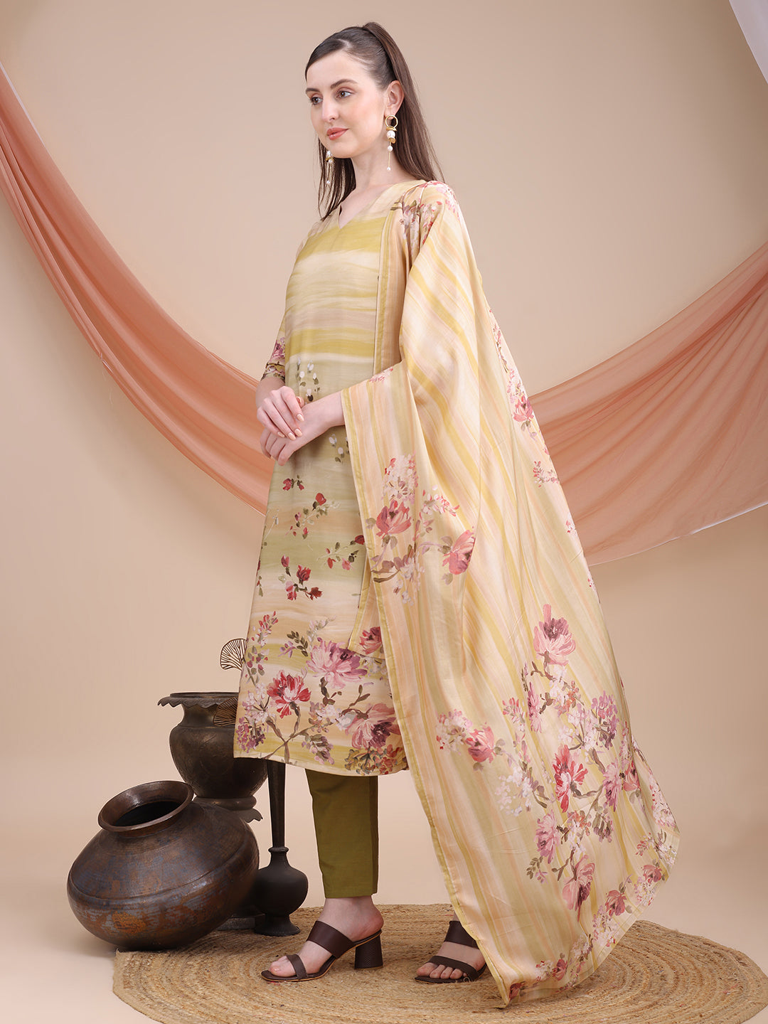 Mustard Printed Muslin Kurta Set with Dupatta | Sitaram Designer Ethnic Wear for Women