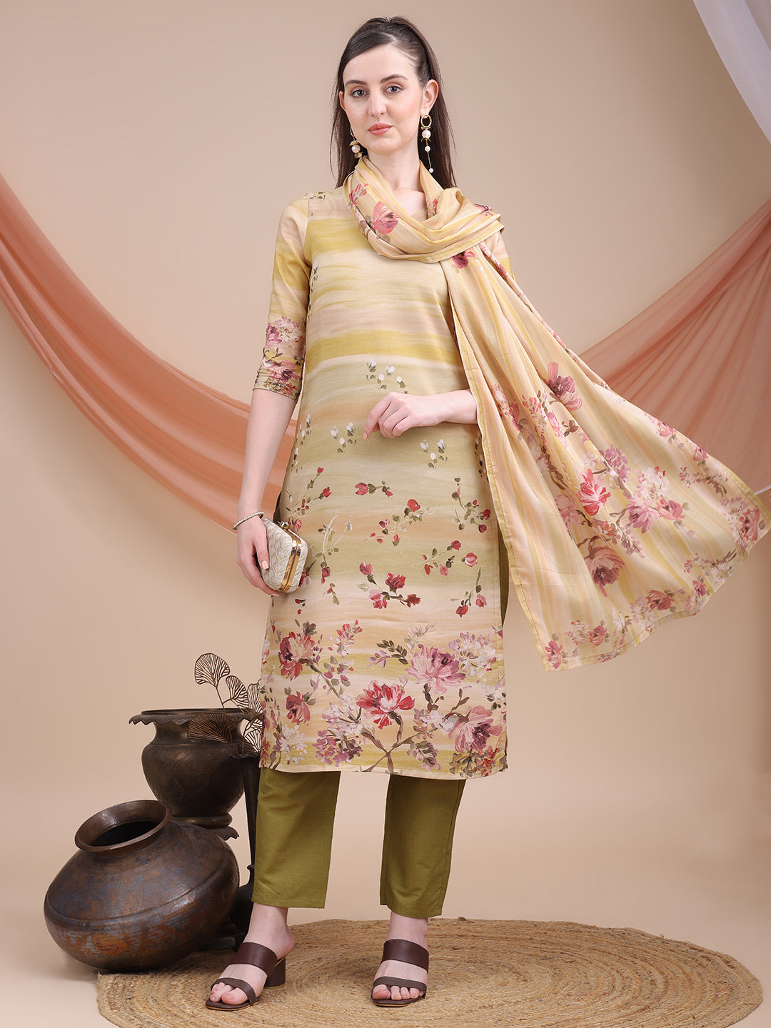 Mustard Printed Muslin Kurta Set with Dupatta | Sitaram Designer Ethnic Wear for Women