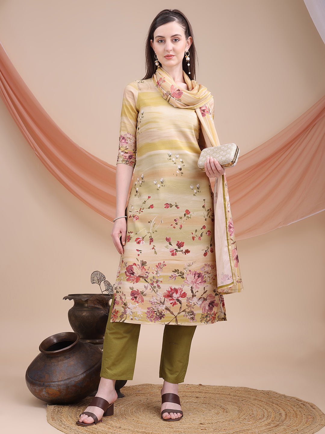 Mustard Printed Muslin Kurta Set with Dupatta | Sitaram Designer Ethnic Wear for Women