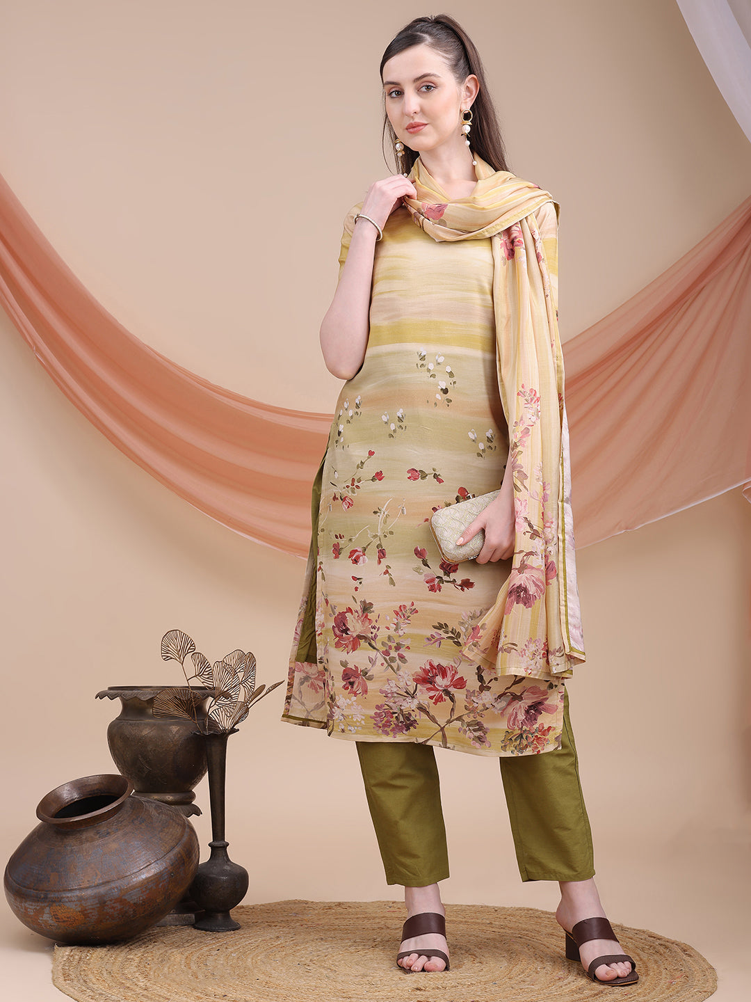 Mustard Printed Muslin Kurta Set with Dupatta | Sitaram Designer Ethnic Wear for Women