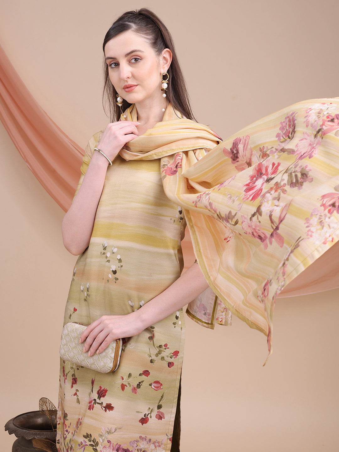Mustard Printed Muslin Kurta Set with Dupatta | Sitaram Designer Ethnic Wear for Women