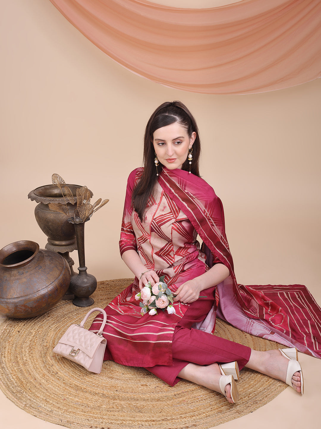 Pink Printed Muslin Kurta Set with Dupatta | Sitaram Designer Ethnic Wear for Women