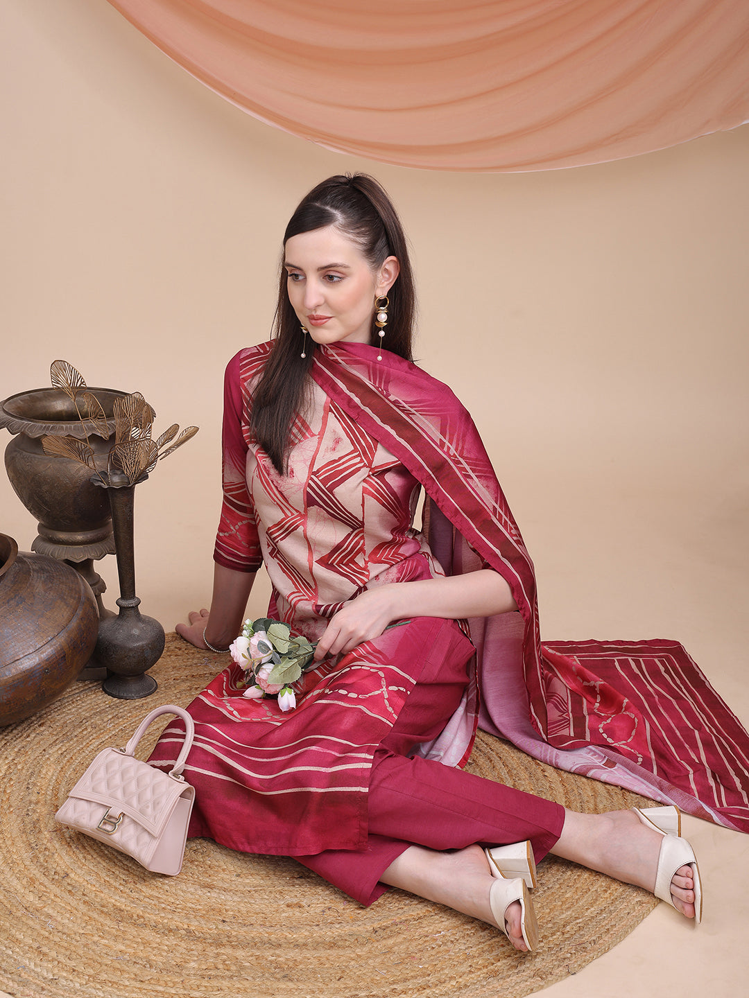 Pink Printed Muslin Kurta Set with Dupatta | Sitaram Designer Ethnic Wear for Women