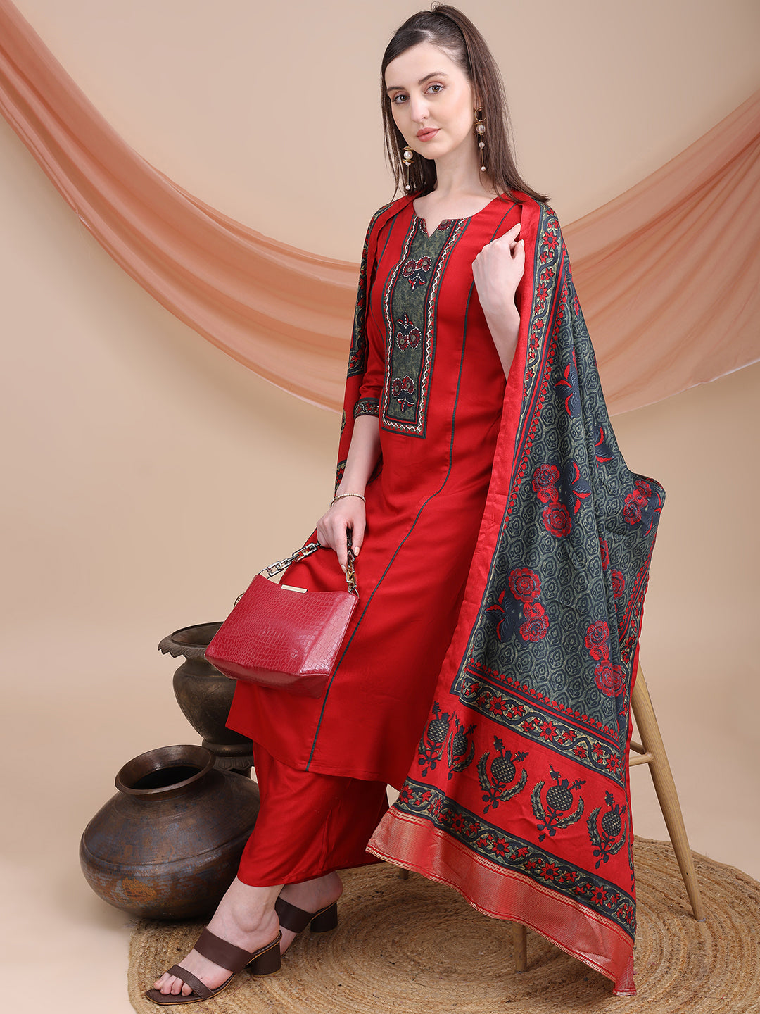 Maroon Printed Cotton Kurta Set with Dupatta | Sitaram Designer Ethnic Wear for Women
