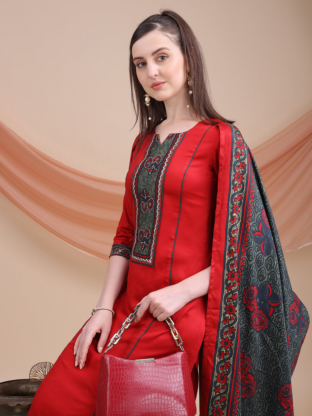 Maroon Printed Cotton Kurta Set with Dupatta | Sitaram Designer Ethnic Wear for Women