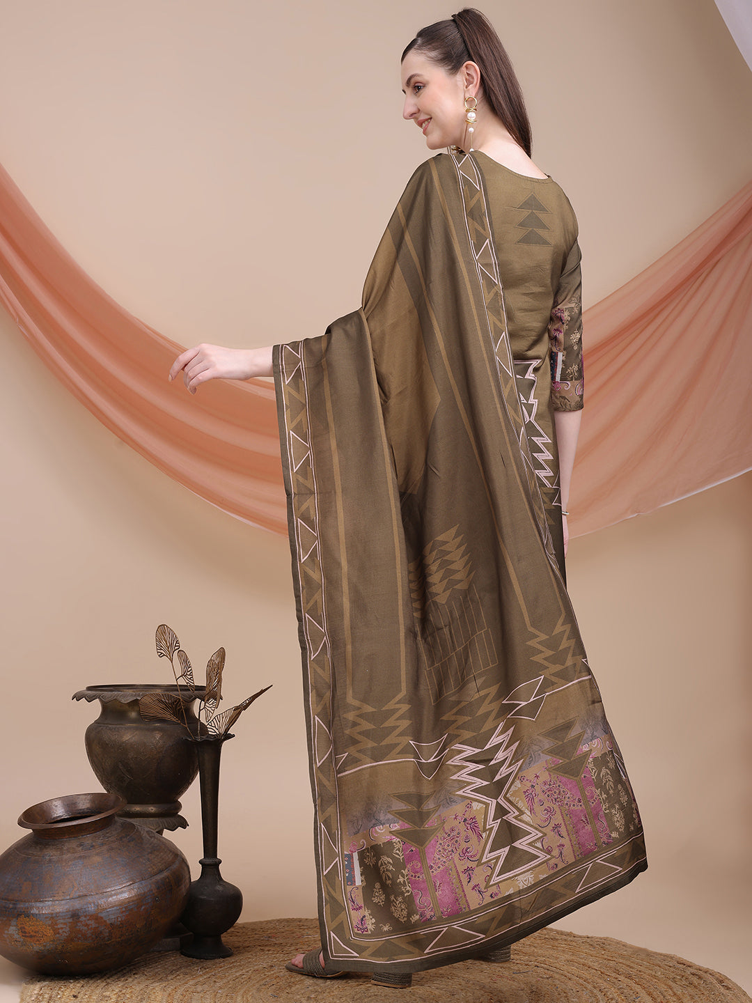Brown Printed Muslin Kurta Set with Dupatta | Sitaram Designer Ethnic Wear for Women