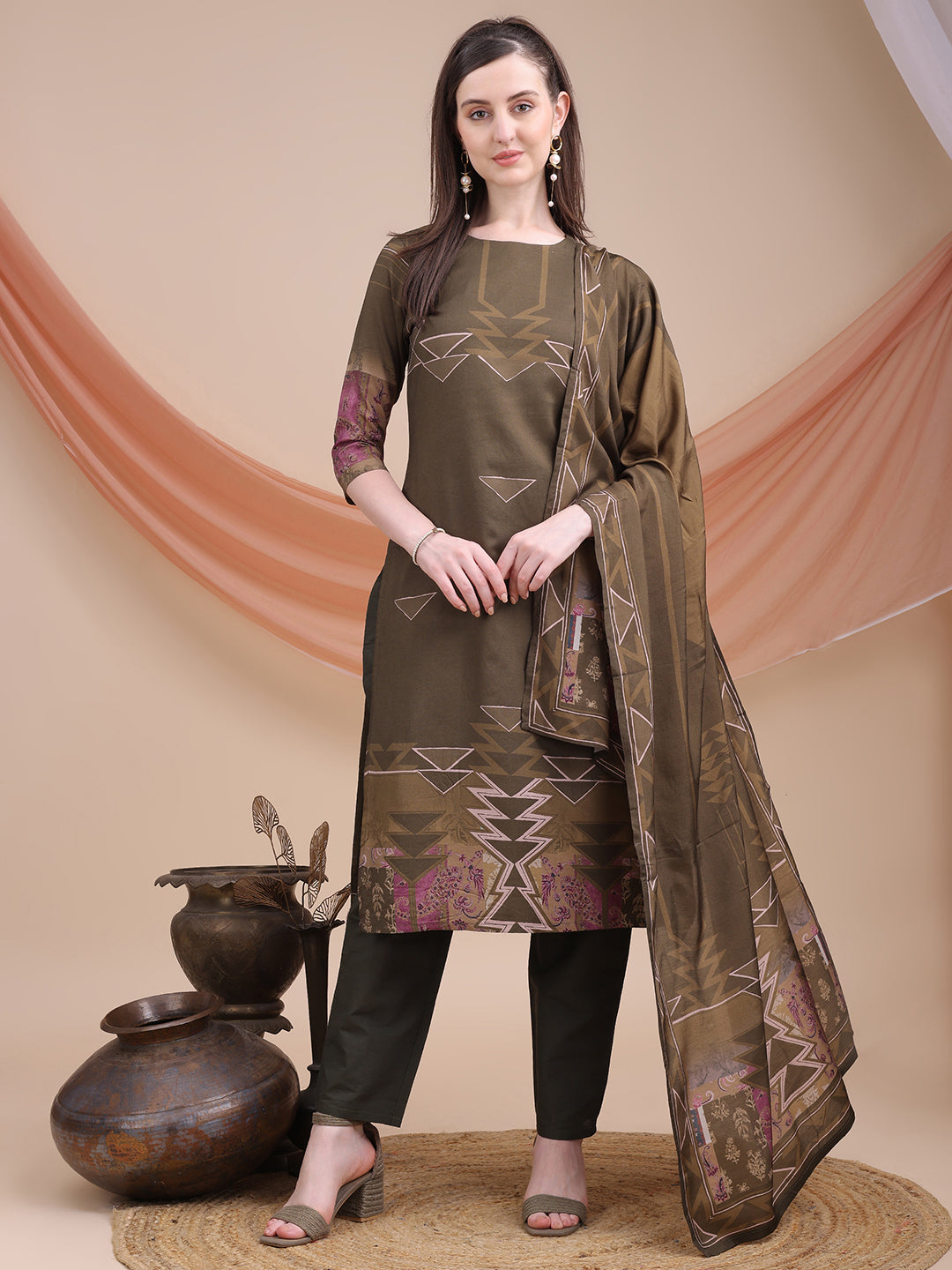Brown Printed Muslin Kurta Set with Dupatta | Sitaram Designer Ethnic Wear for Women