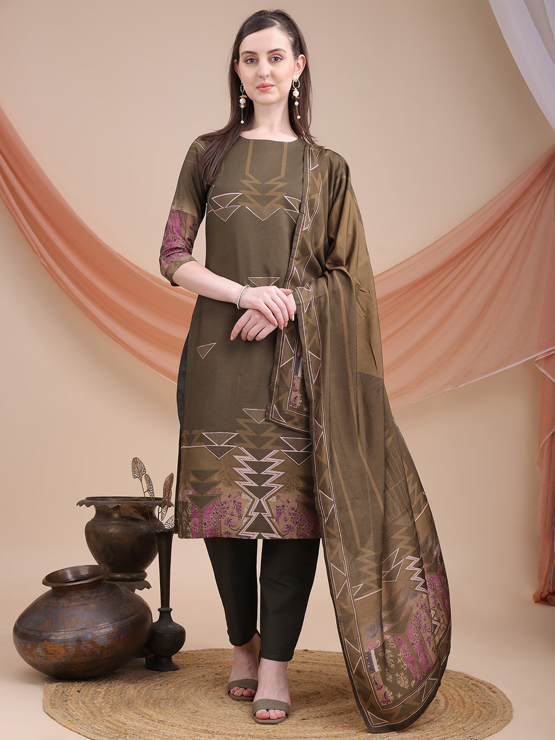 Brown Printed Muslin Kurta Set with Dupatta | Sitaram Designer Ethnic Wear for Women
