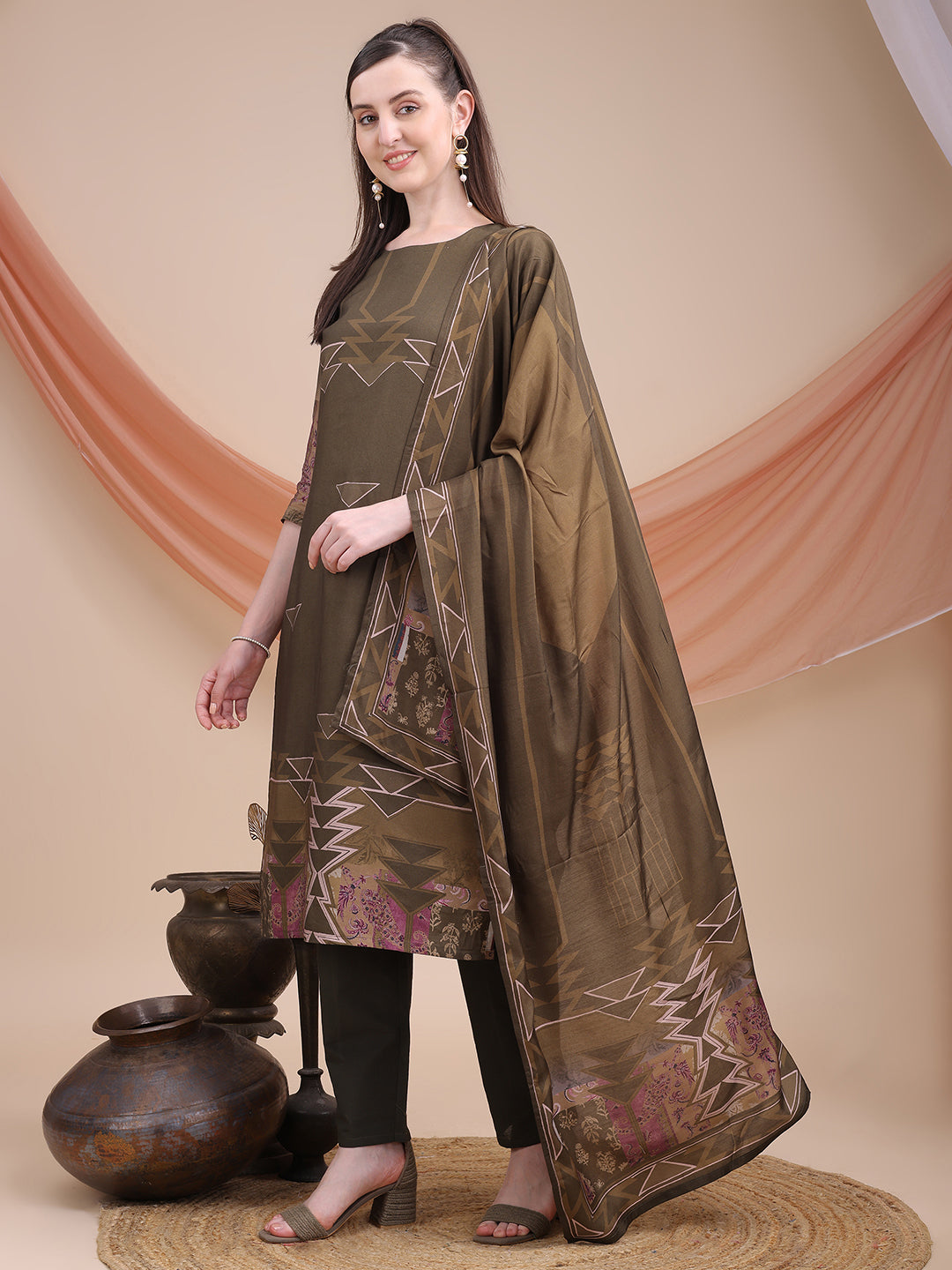 Brown Printed Muslin Kurta Set with Dupatta | Sitaram Designer Ethnic Wear for Women