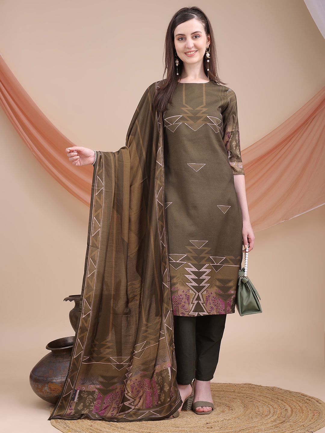 Brown Printed Muslin Kurta Set with Dupatta | Sitaram Designer Ethnic Wear for Women