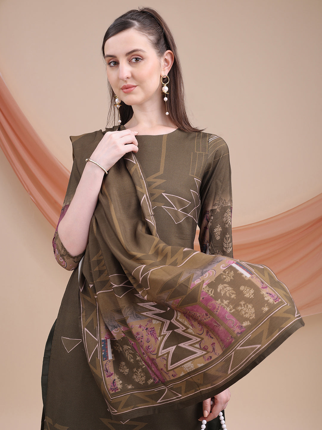 Brown Printed Muslin Kurta Set with Dupatta | Sitaram Designer Ethnic Wear for Women