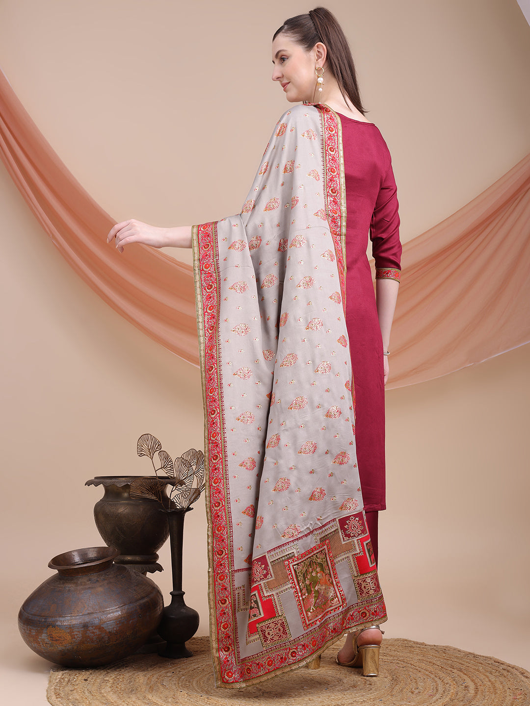 Wine Printed Cotton Kurta Set with Dupatta | Sitaram Designer Ethnic Wear for Women