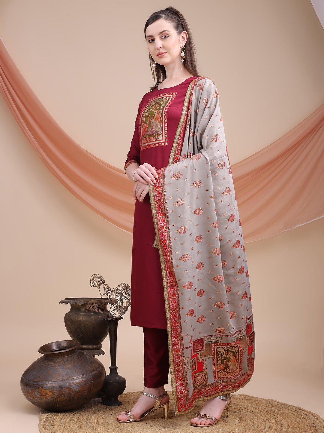 Wine Printed Cotton Kurta Set with Dupatta | Sitaram Designer Ethnic Wear for Women