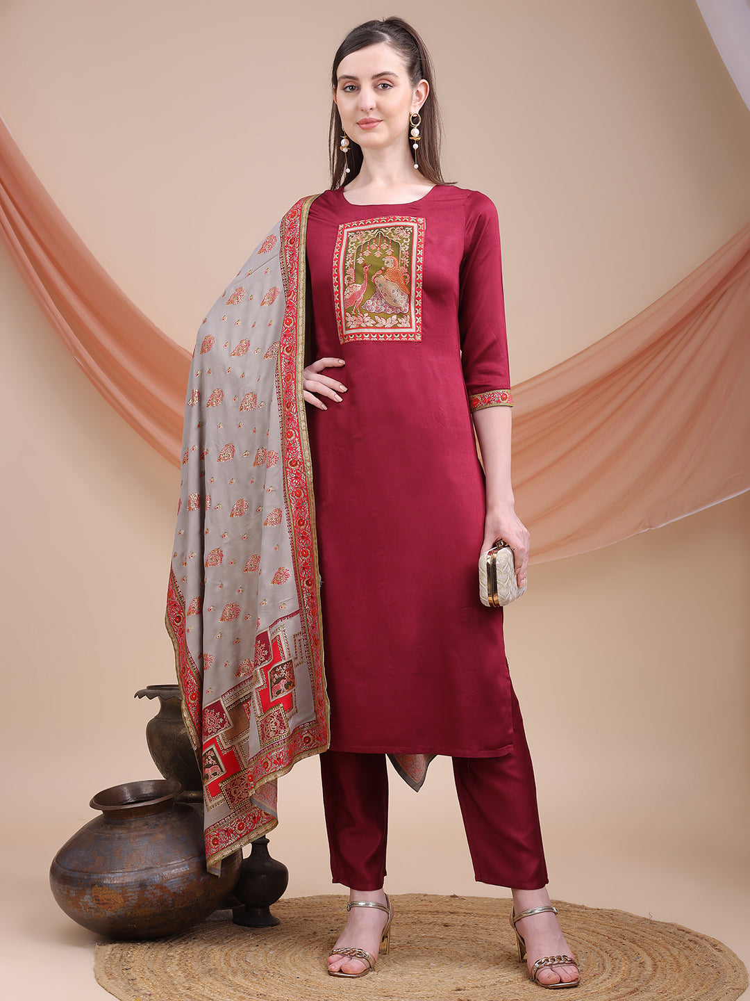 Wine Printed Cotton Kurta Set with Dupatta | Sitaram Designer Ethnic Wear for Women