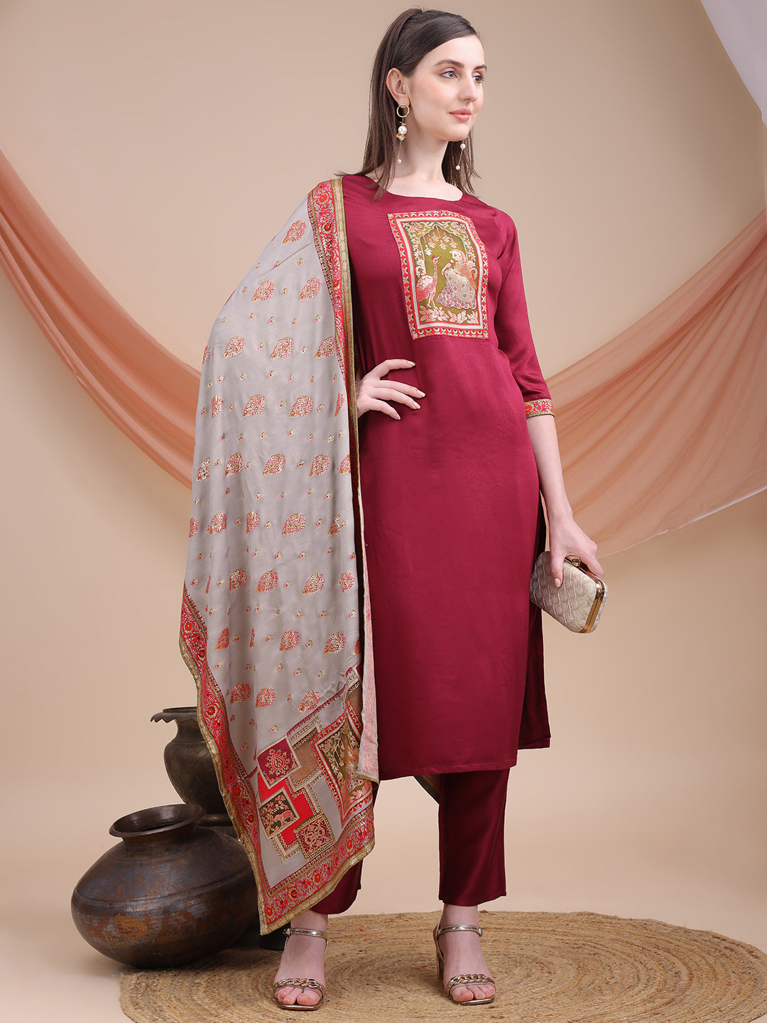 Wine Printed Cotton Kurta Set with Dupatta | Sitaram Designer Ethnic Wear for Women