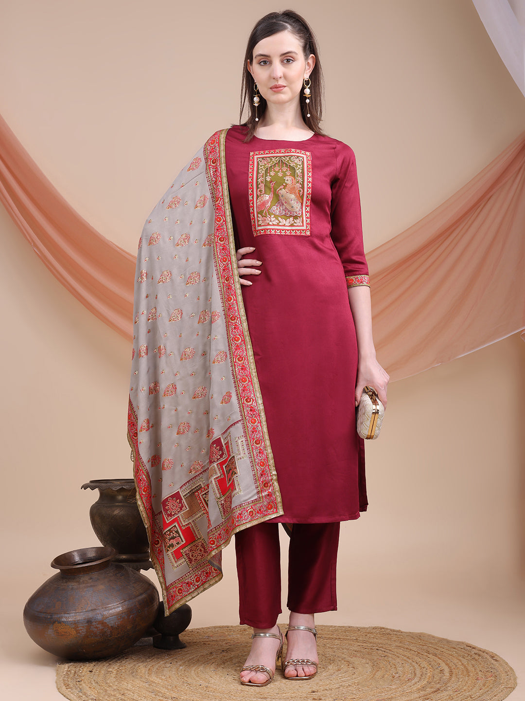 Wine Printed Cotton Kurta Set with Dupatta | Sitaram Designer Ethnic Wear for Women