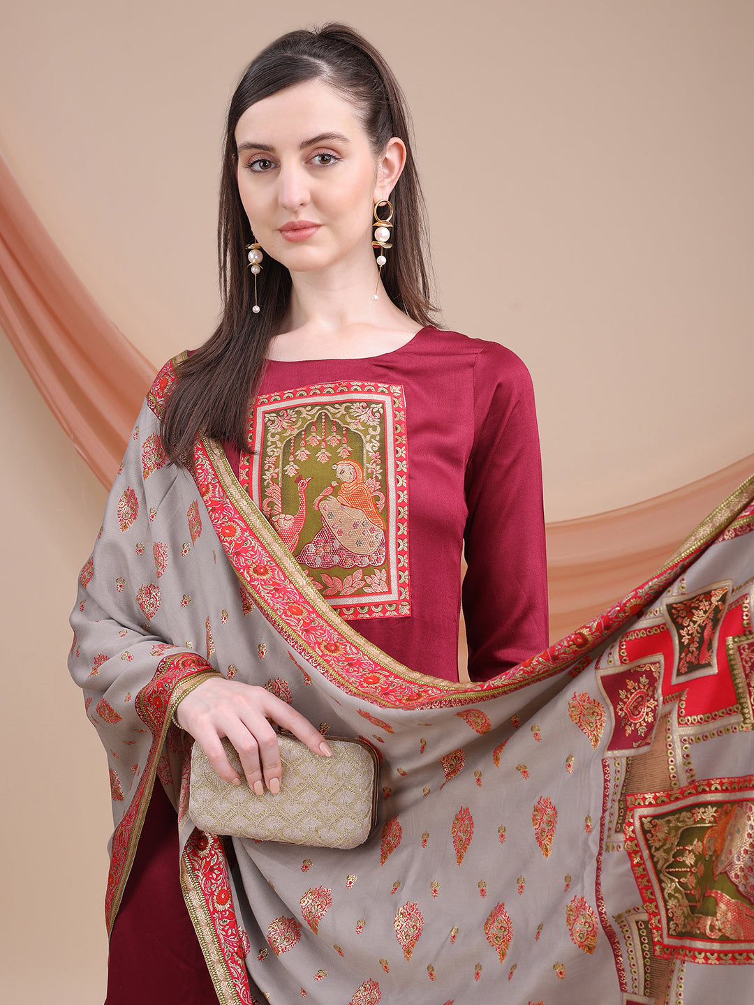 Wine Printed Cotton Kurta Set with Dupatta | Sitaram Designer Ethnic Wear for Women