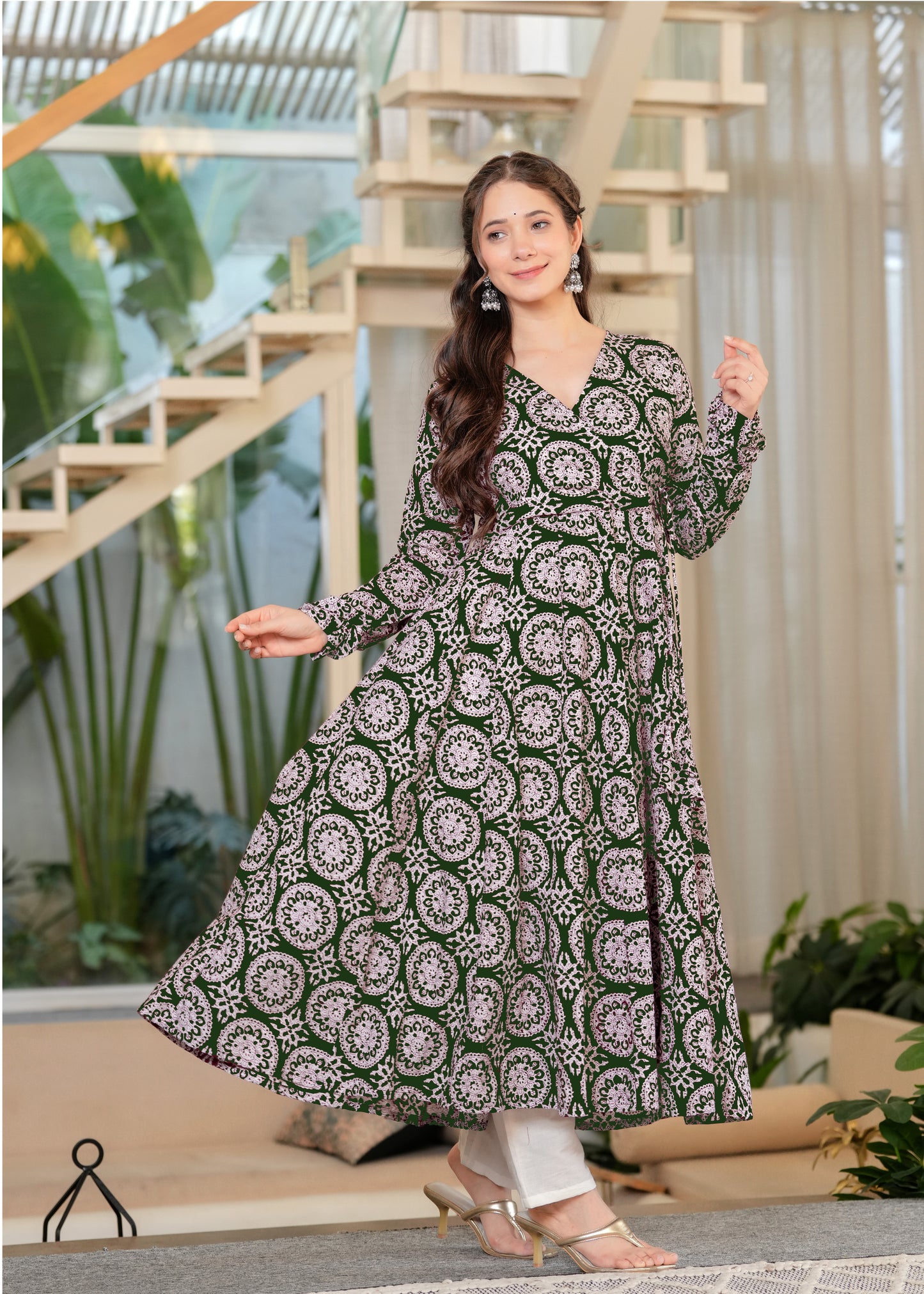 Green Cambric Cotton Ethnic Motif Anarkali Kurta With Palazzo Set