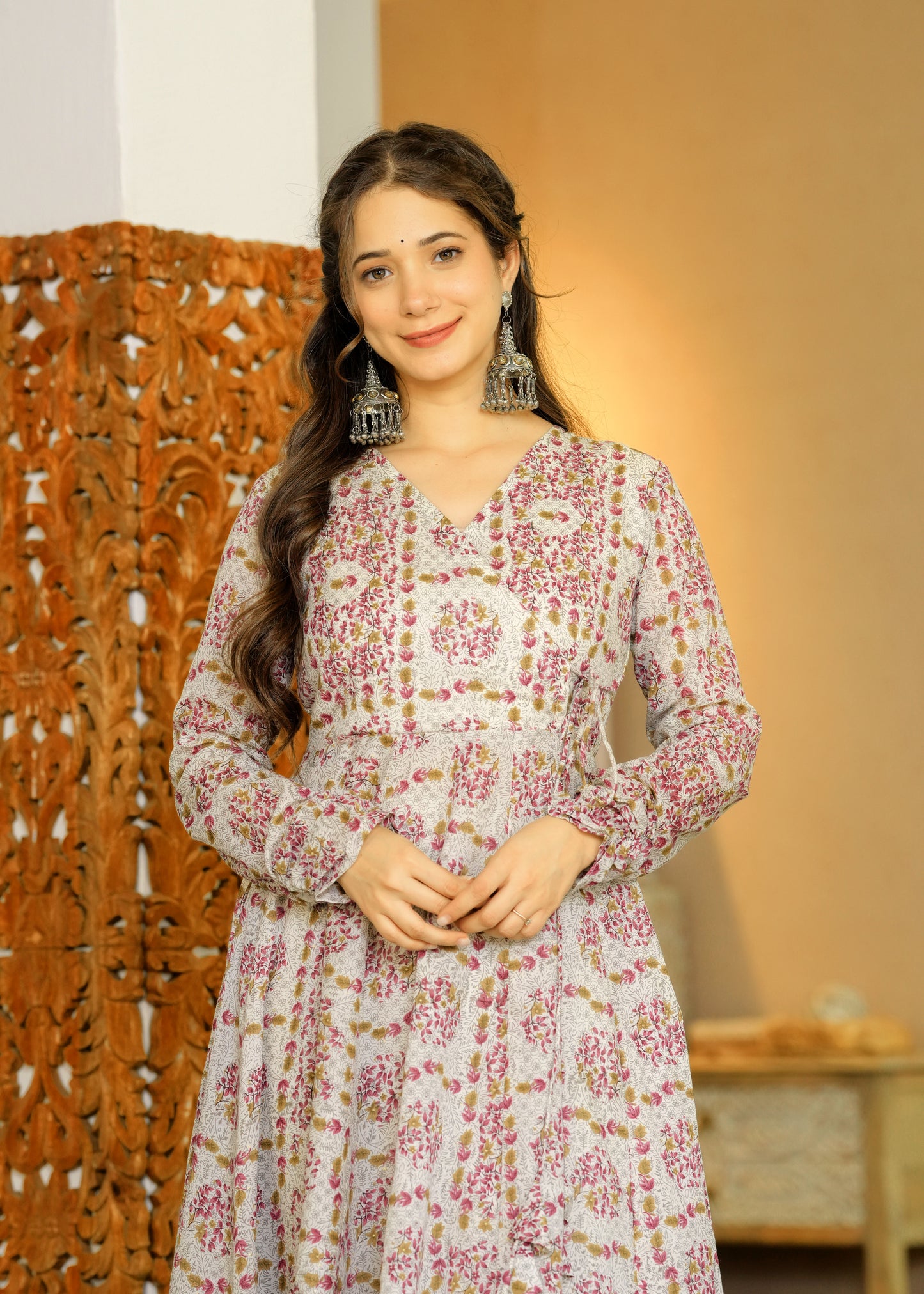 Peach Cambric Cotton Floral Print Anarkali Kurta With Palazzo Set