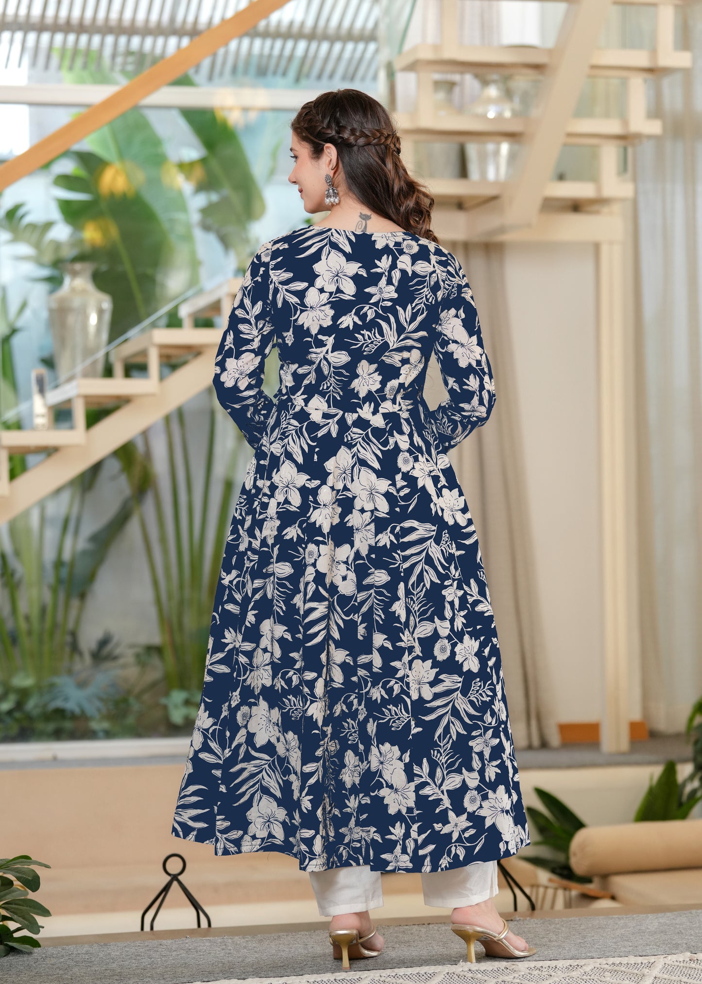 Blue Cambric Cotton Floral Print Anarkali Kurta With Palazzo Set