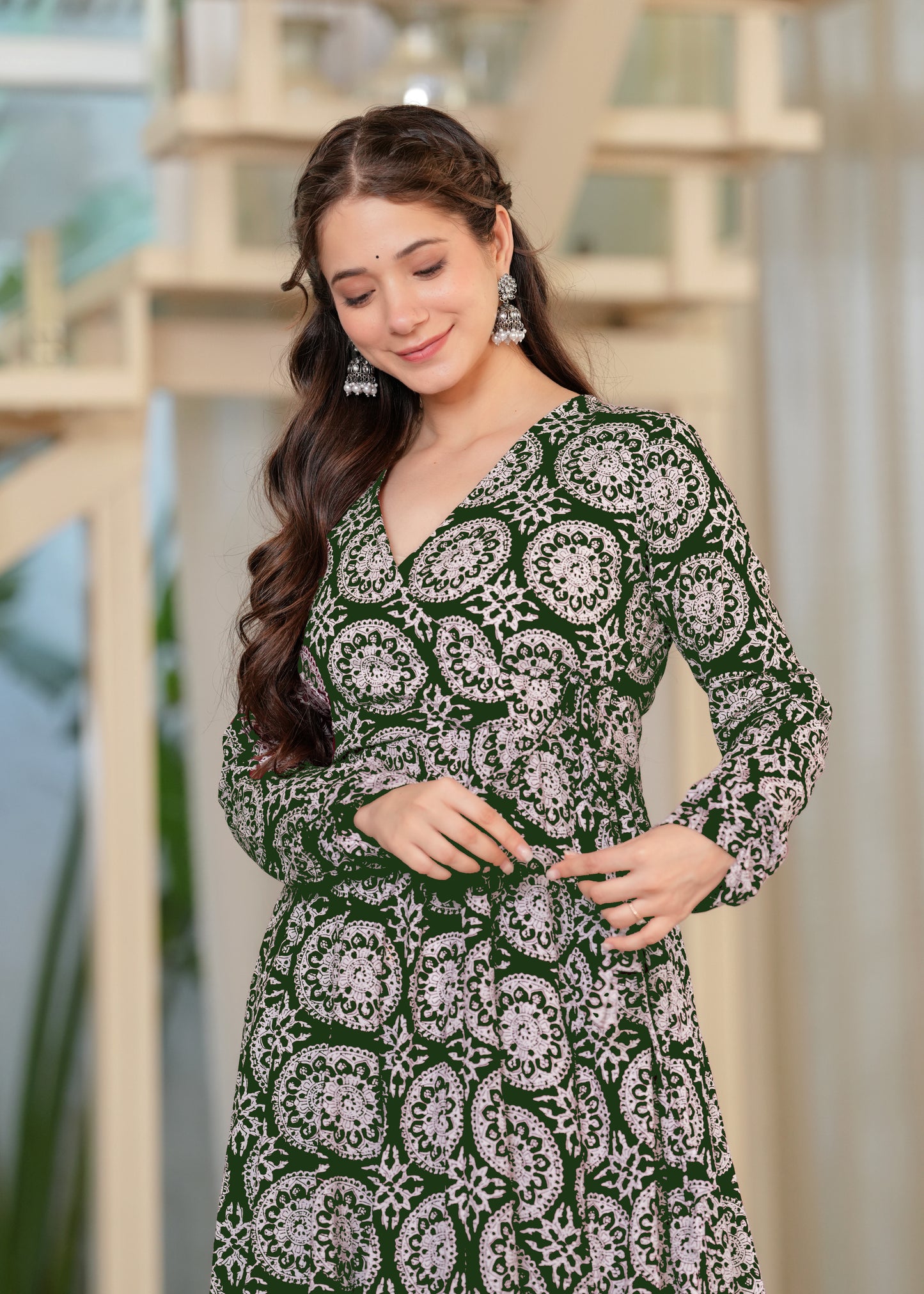 Green Cambric Cotton Ethnic Motif Anarkali Kurta With Palazzo Set