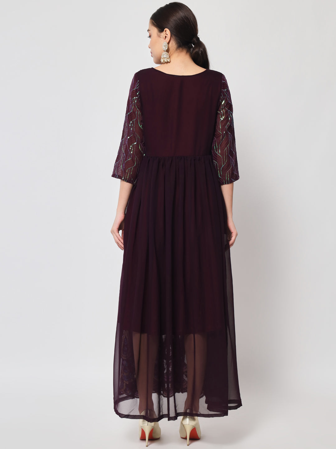 Wine Sequin Embellished Anarkali Gown in Georgette Fabric