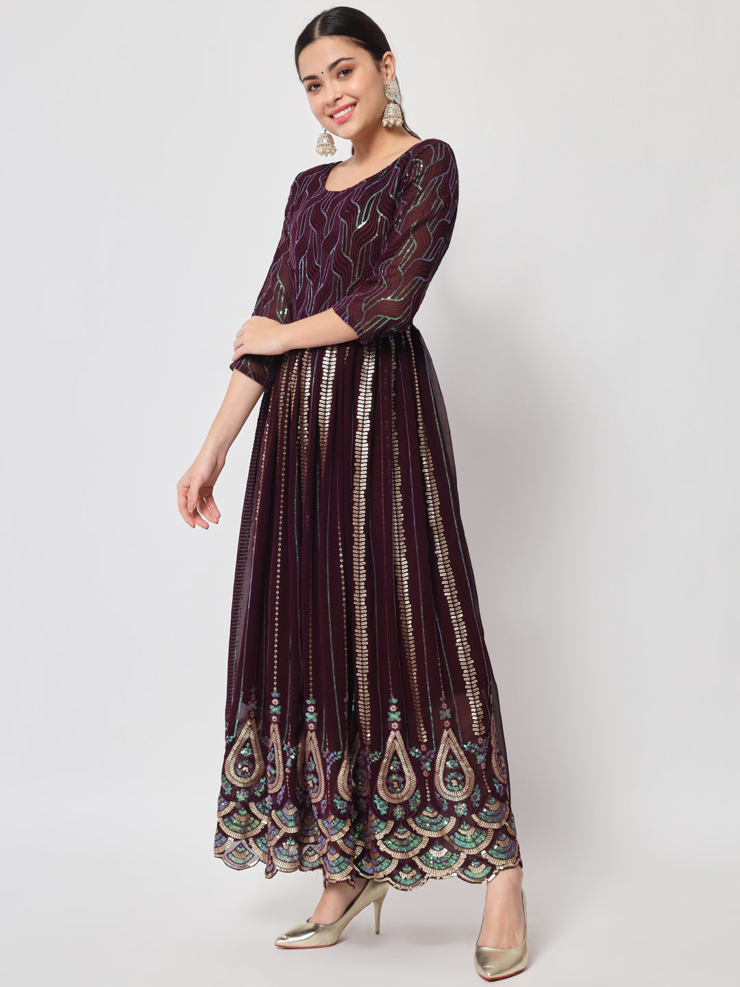 Wine Sequin Embellished Anarkali Gown in Georgette Fabric