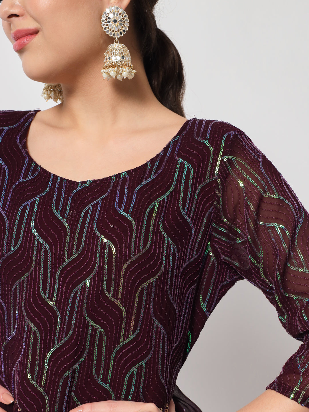 Wine Sequin Embellished Anarkali Gown in Georgette Fabric