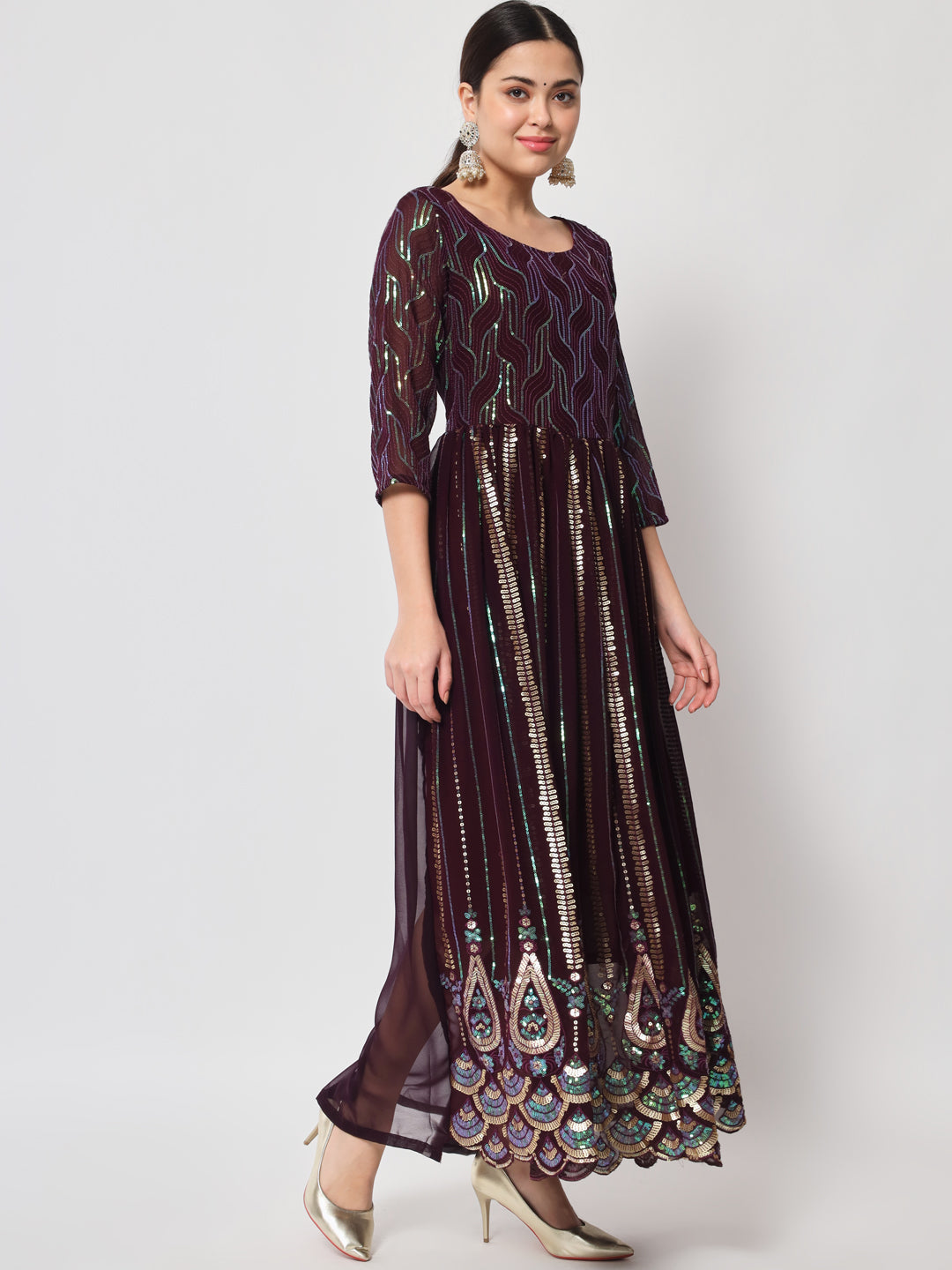 Wine Sequin Embellished Anarkali Gown in Georgette Fabric