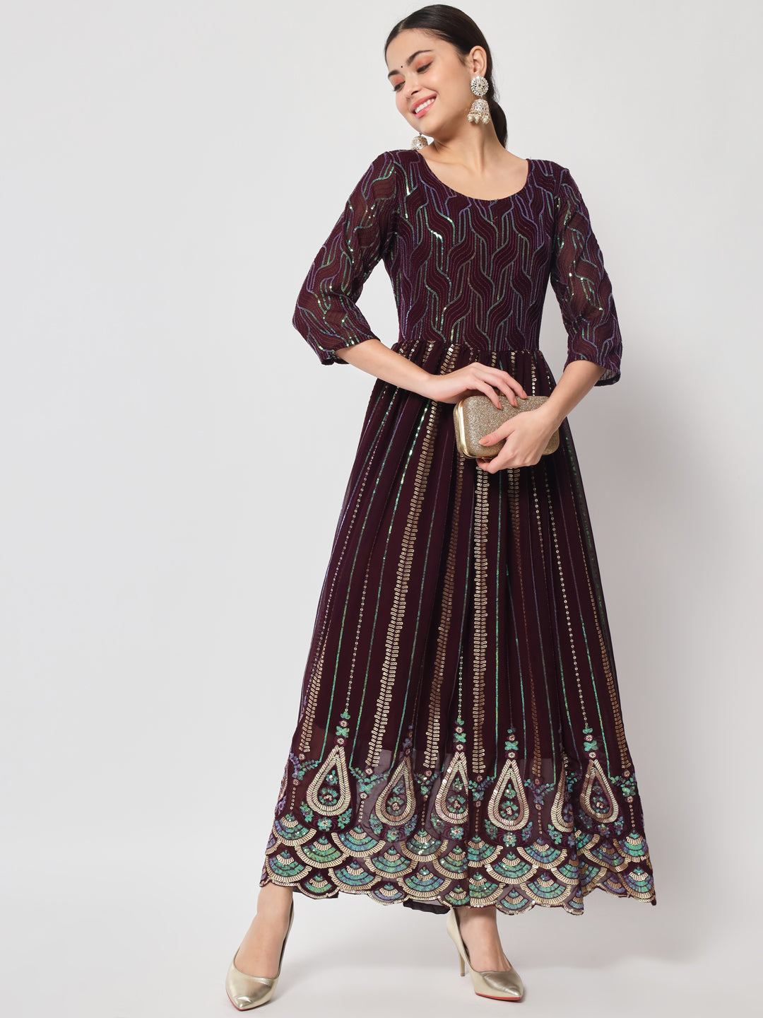 Wine Sequin Embellished Anarkali Gown in Georgette Fabric