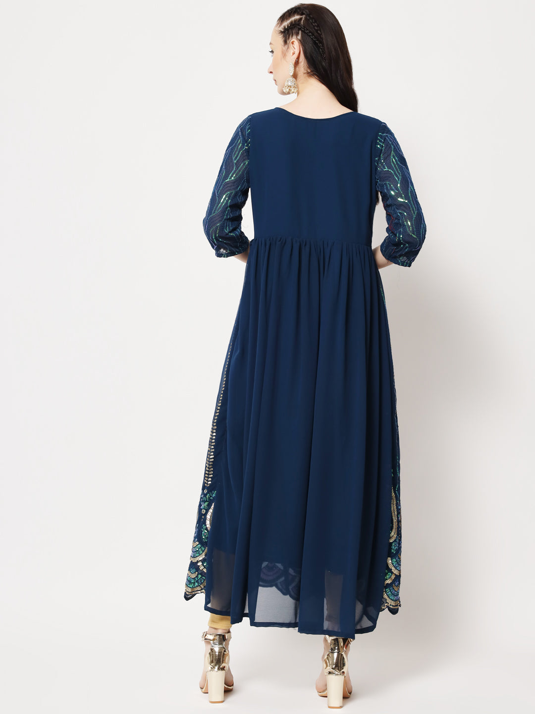Teal Sequin Embellished Anarkali Gown in Georgette Fabric