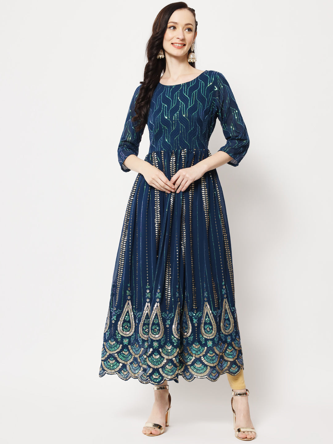 Teal Sequin Embellished Anarkali Gown in Georgette Fabric
