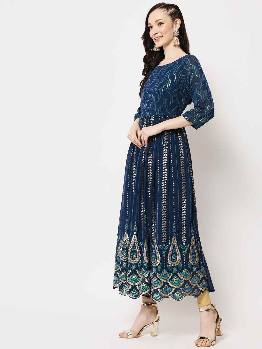 Teal Sequin Embellished Anarkali Gown in Georgette Fabric