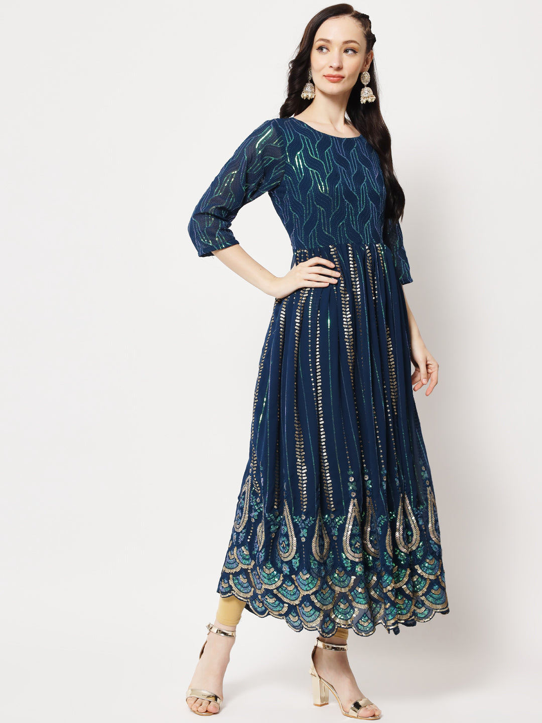 Teal Sequin Embellished Anarkali Gown in Georgette Fabric