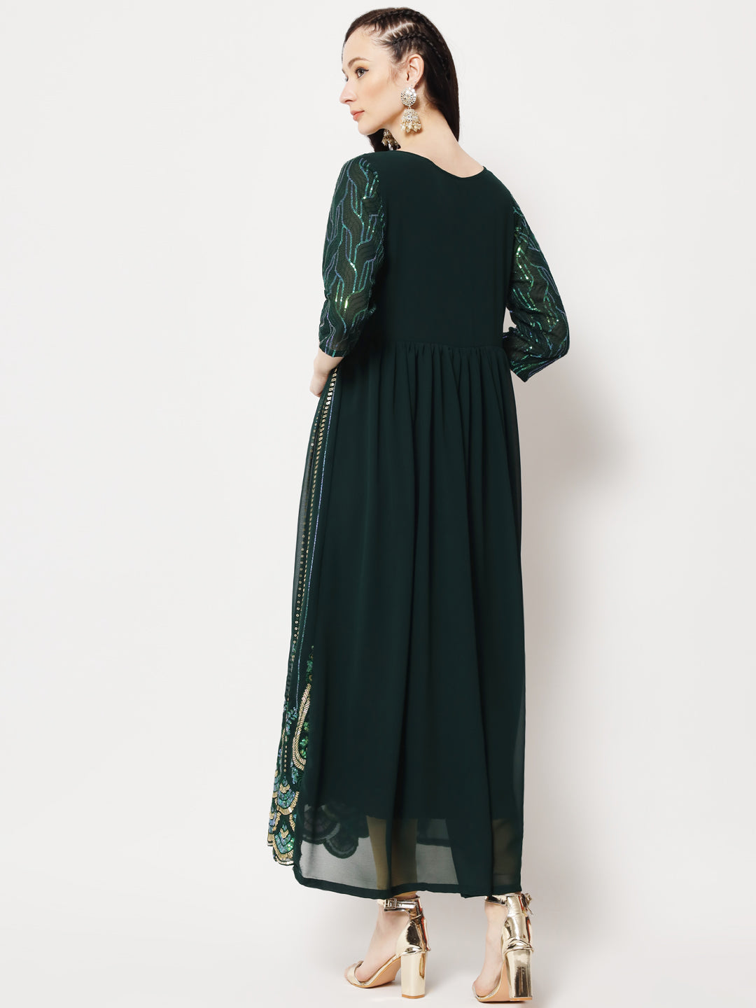 Green Sequin Embellished Anarkali Gown in Georgette Fabric