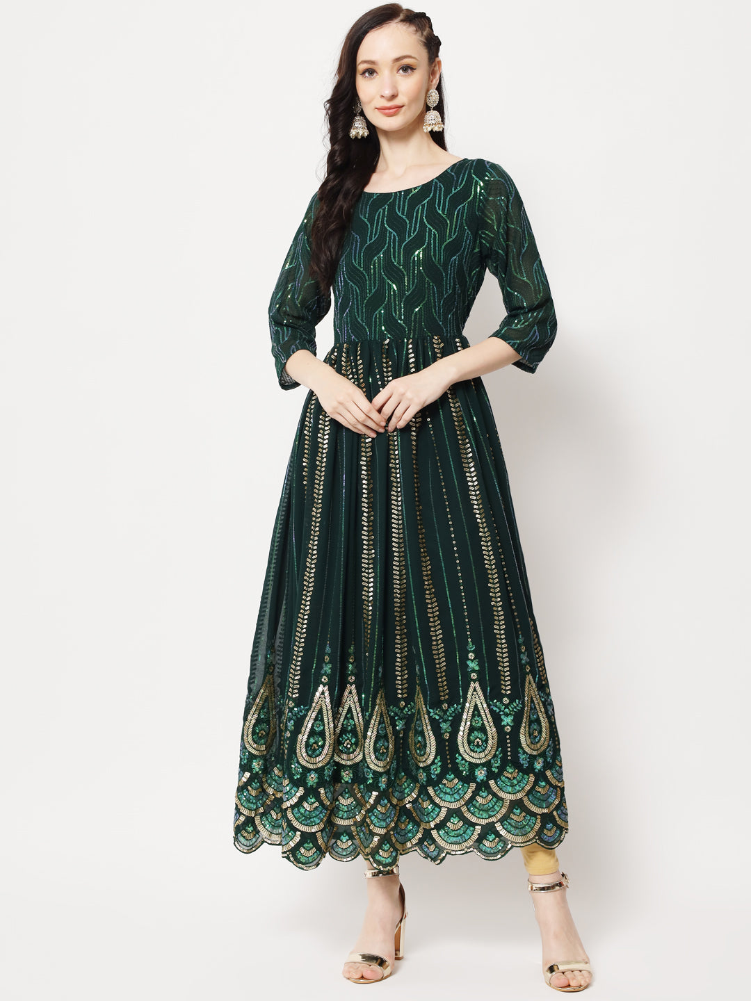 Green Sequin Embellished Anarkali Gown in Georgette Fabric