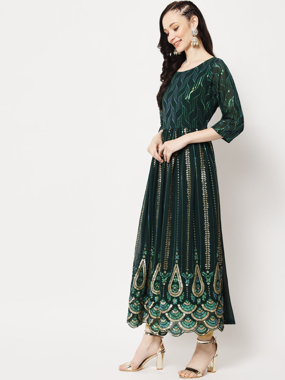 Green Sequin Embellished Anarkali Gown in Georgette Fabric