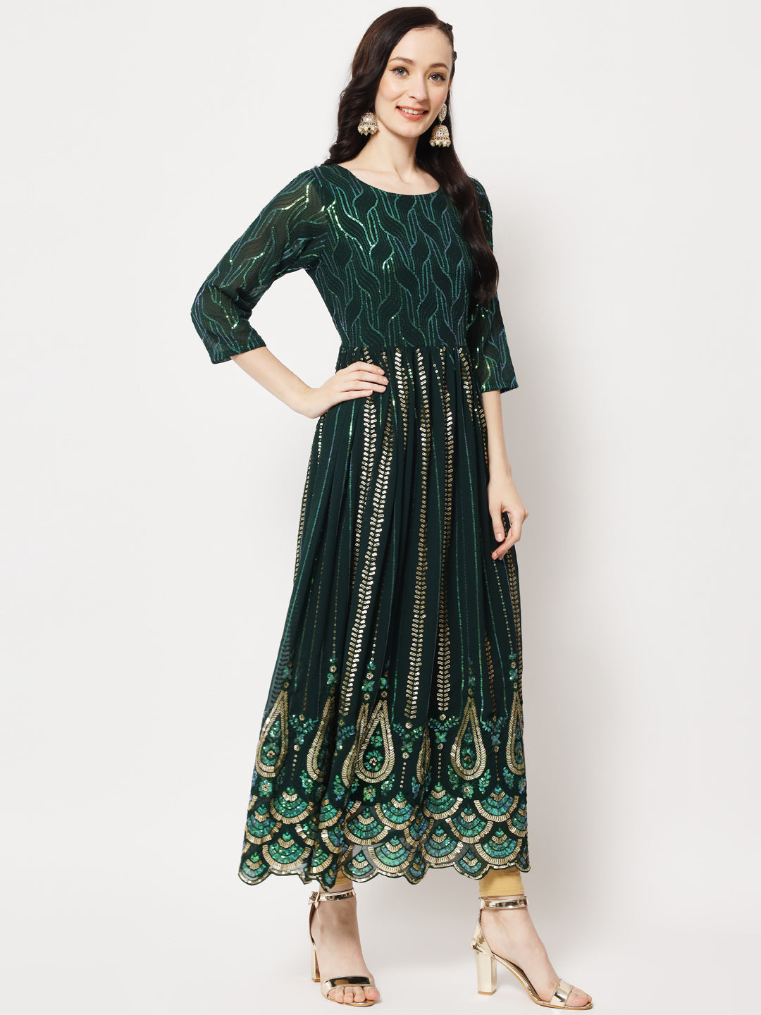 Green Sequin Embellished Anarkali Gown in Georgette Fabric