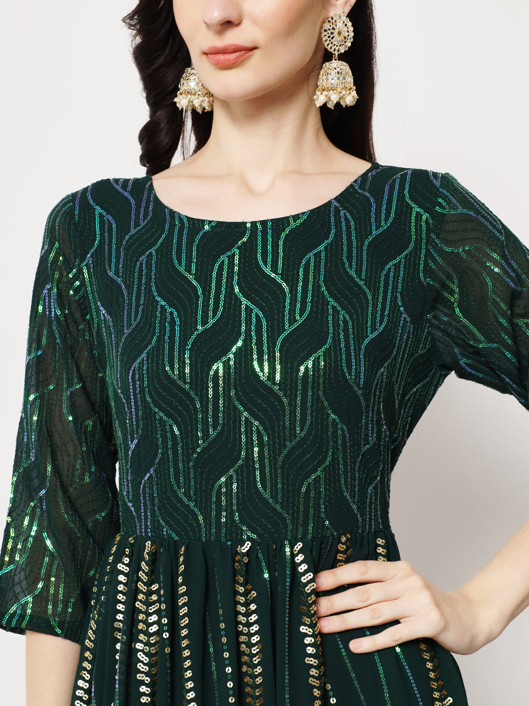 Green Sequin Embellished Anarkali Gown in Georgette Fabric