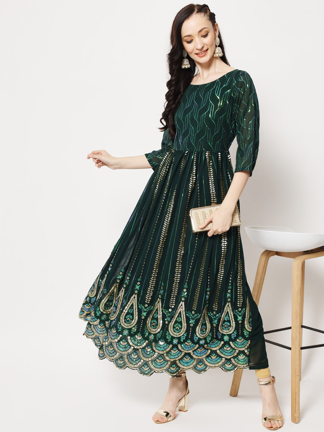 Green Sequin Embellished Anarkali Gown in Georgette Fabric