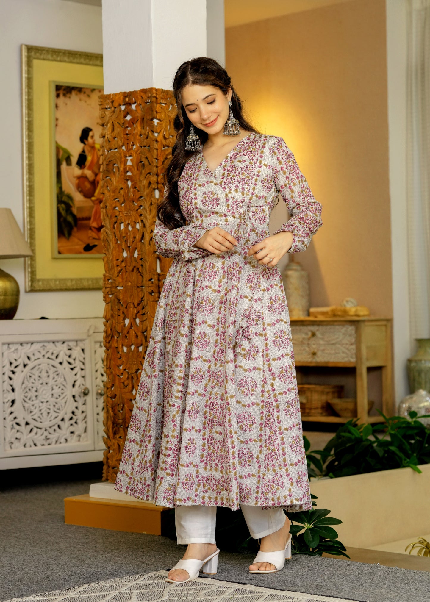 Peach Cambric Cotton Floral Print Anarkali Kurta With Palazzo Set
