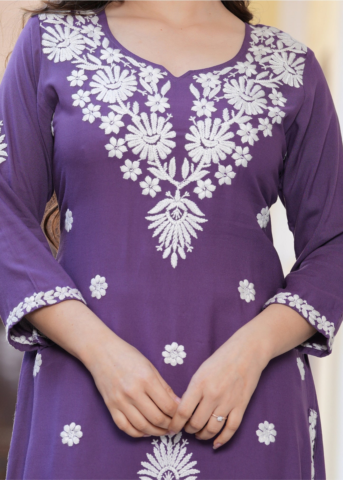 Purple Solid Round Neck Chikankari Pure Cotton Straight Kurti