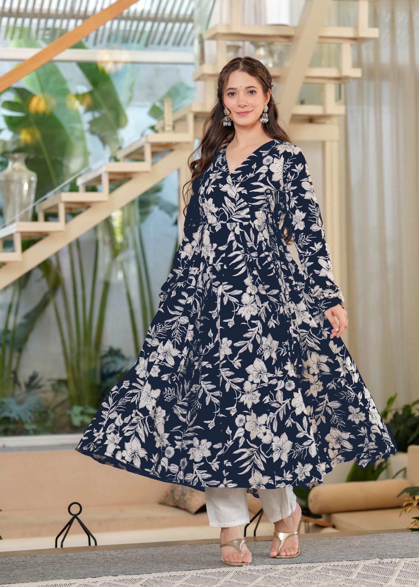 Blue Cambric Cotton Floral Print Anarkali Kurta With Palazzo Set