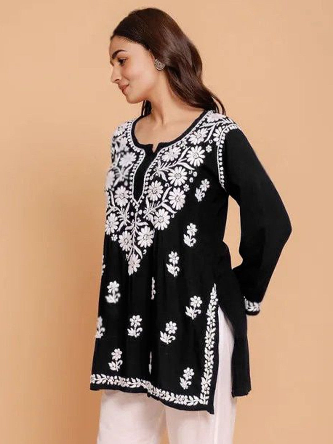 Black Solid Round Neck Chikankari Pure Cotton Straight Kurti