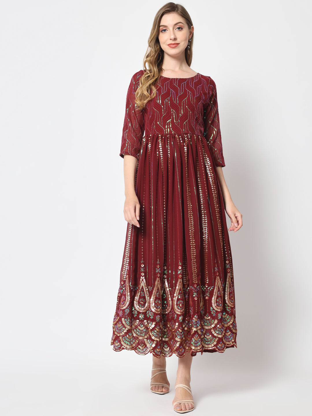Maroon Sequin Embellished Anarkali Gown in Georgette Fabric