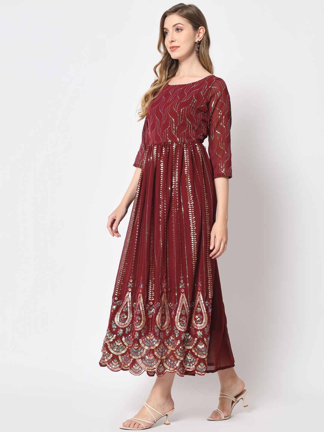 Maroon Sequin Embellished Anarkali Gown in Georgette Fabric