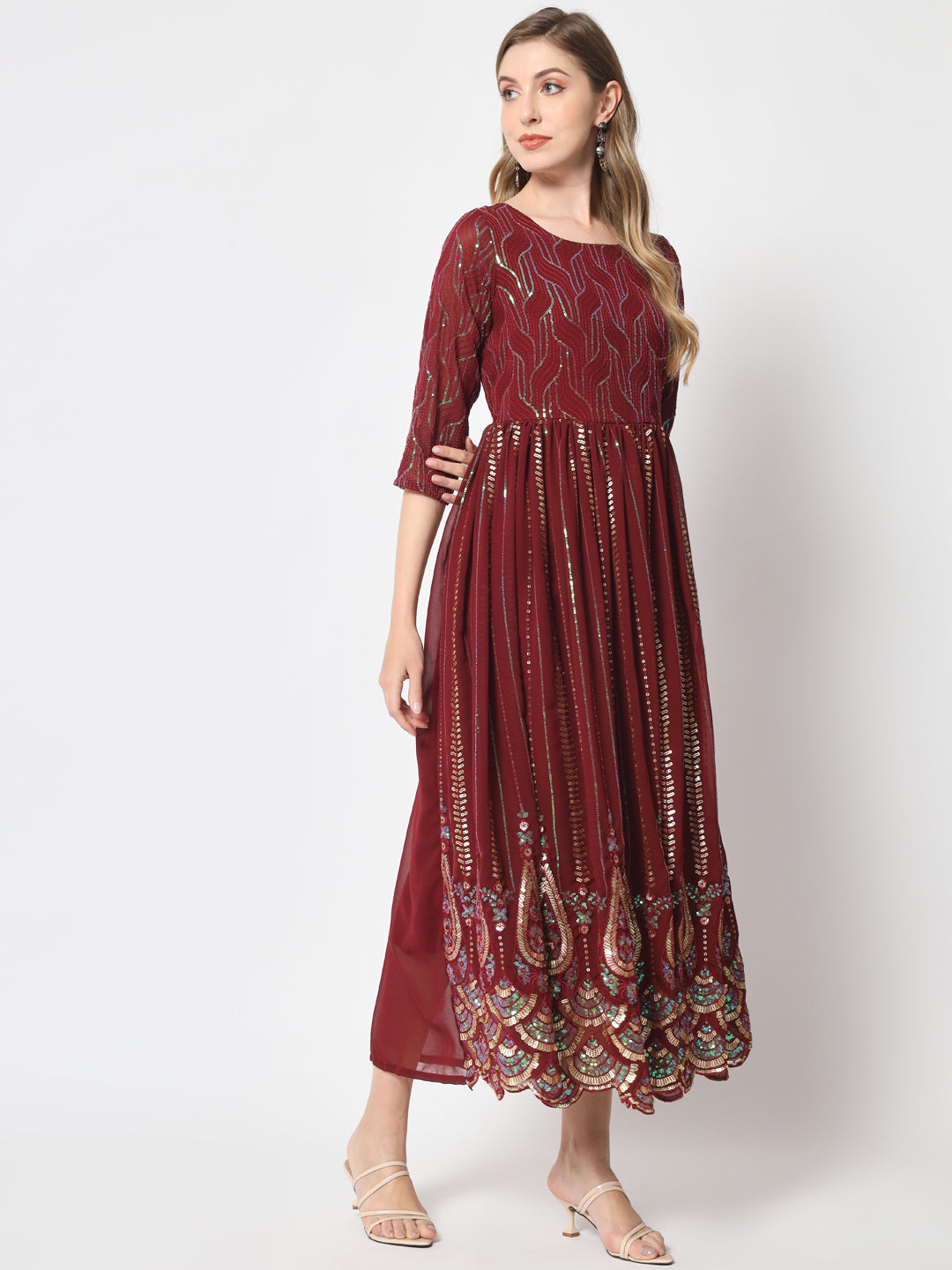 Maroon Sequin Embellished Anarkali Gown in Georgette Fabric