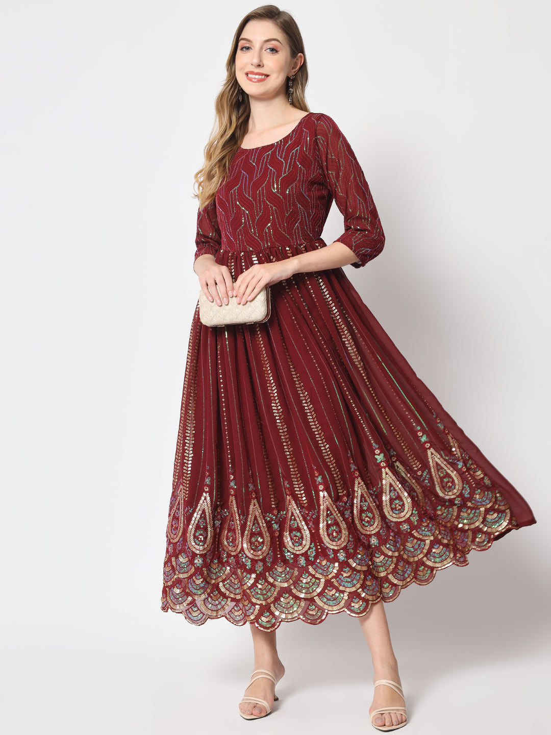 Maroon Sequin Embellished Anarkali Gown in Georgette Fabric